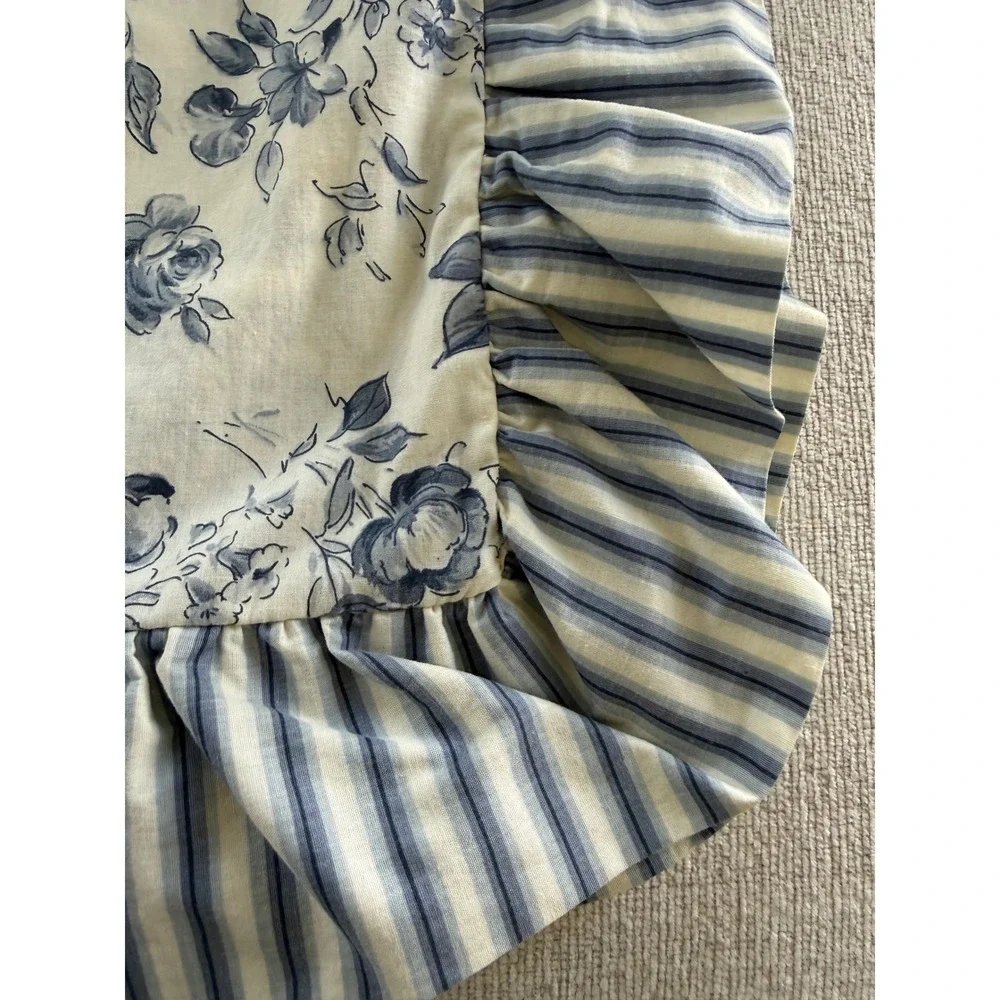 Set of 2 CROWN CRAFT PILLOW SHAMS STANDARD WHITE & BLUE Floral Stripes Ruffle